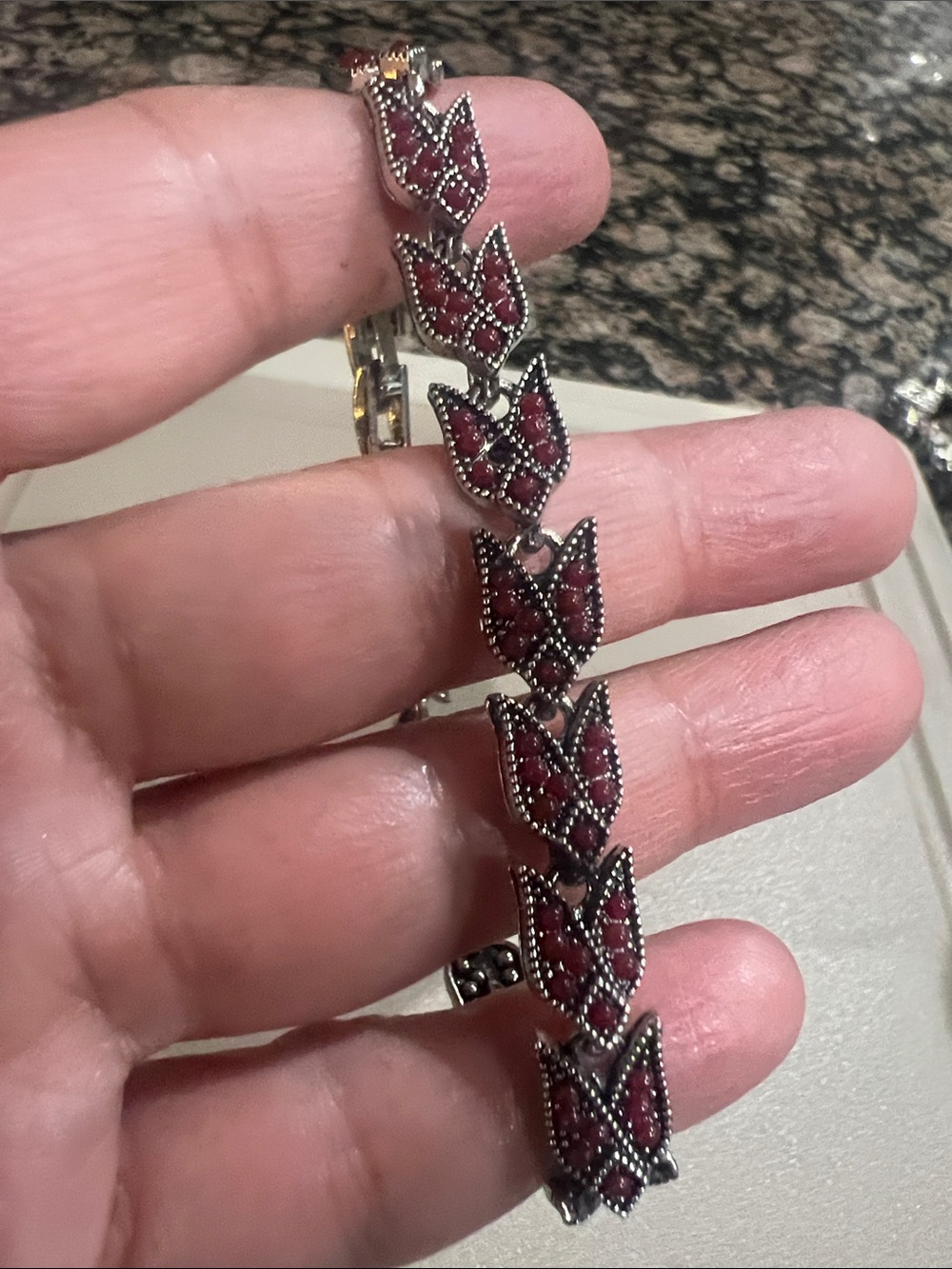Vintage-Style Red Marcasite Tulip Link Bracelet